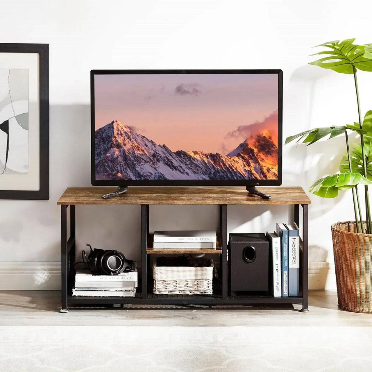 Engineered Wood TV Stand with Black Metal Frame, Mesh Shelves and Adjustable Feet